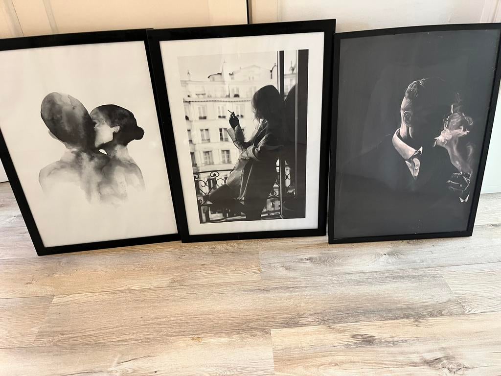 Set van 3 ingelijste zwart-wit posters 50x70, Antiek en Kunst, Ophalen