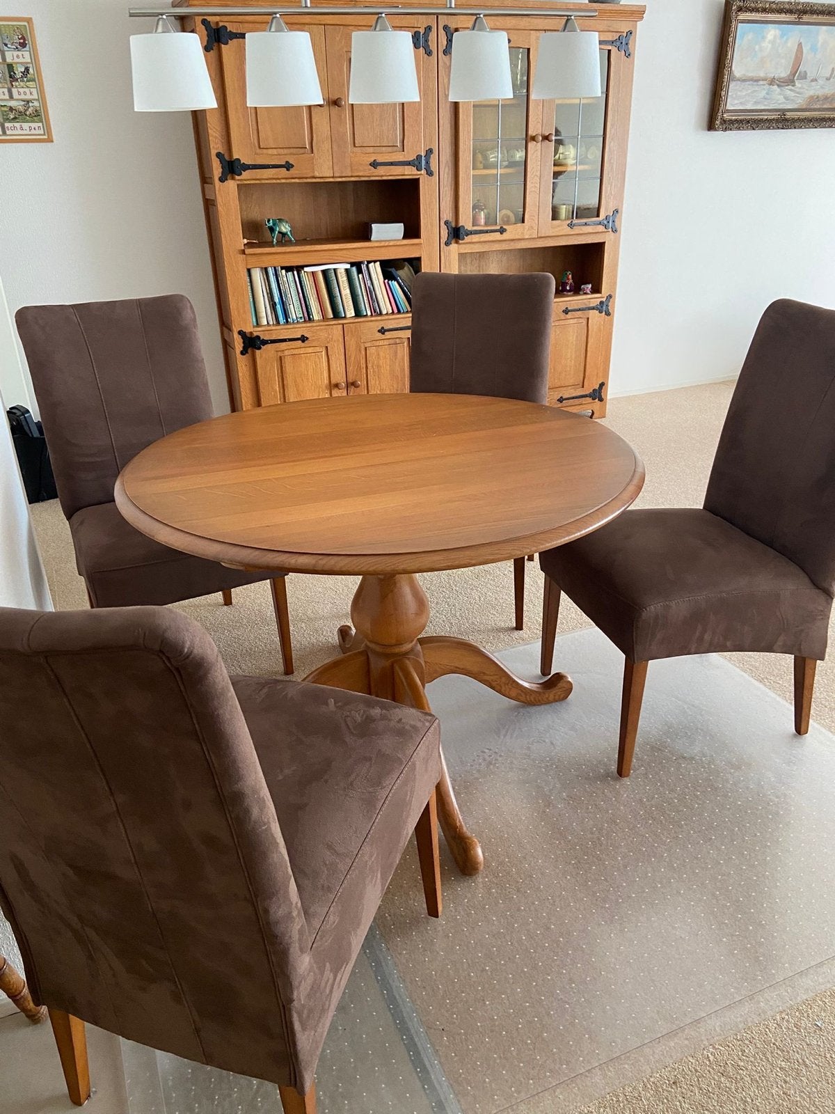 Ronde eettafel met 4 stoelen - massief eiken, Huis en Inrichting, Tafels | Eettafels, Ophalen, Gebruikt, 100 tot 150 cm, Vier personen