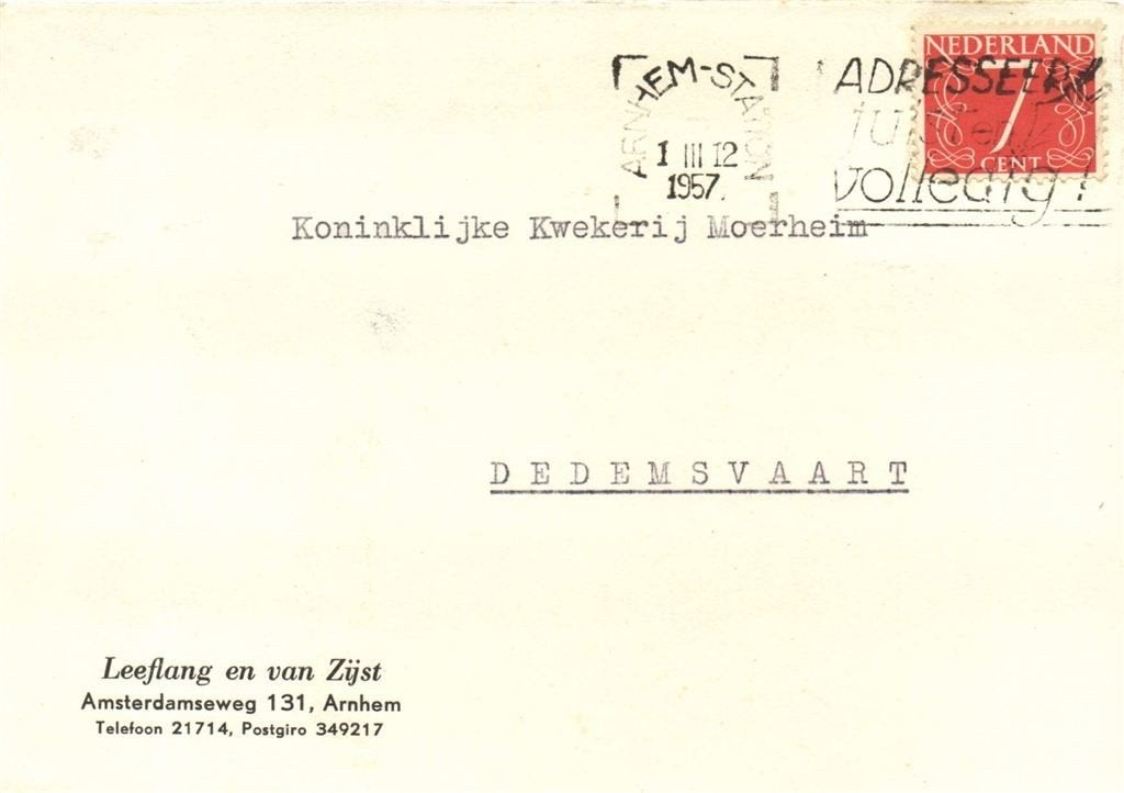 Leeflang en van Zijst, Arnhem - 03,1957 - briefkaart, Ophalen of Verzenden, Briefkaart