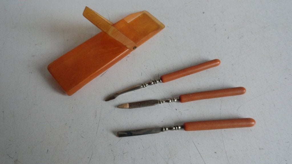 Reis manicureset Oranje Celluloid Jaren 30, Ophalen of Verzenden