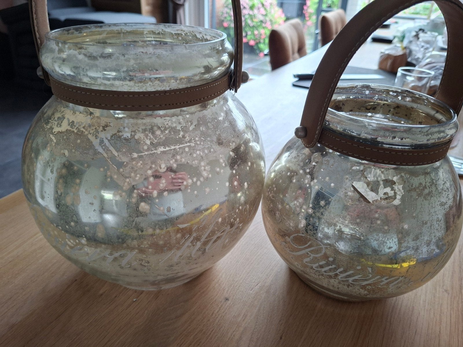 Riviera Maison glazen windlichten set van 2, Ophalen, Gebruikt, Landelijk, Glas