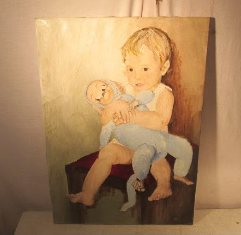 Mooi Oud Geschilderd Werk 'Kind met Pop' - 70x50, Doek, Portret of Personen, Ophalen of Verzenden, Olieverf