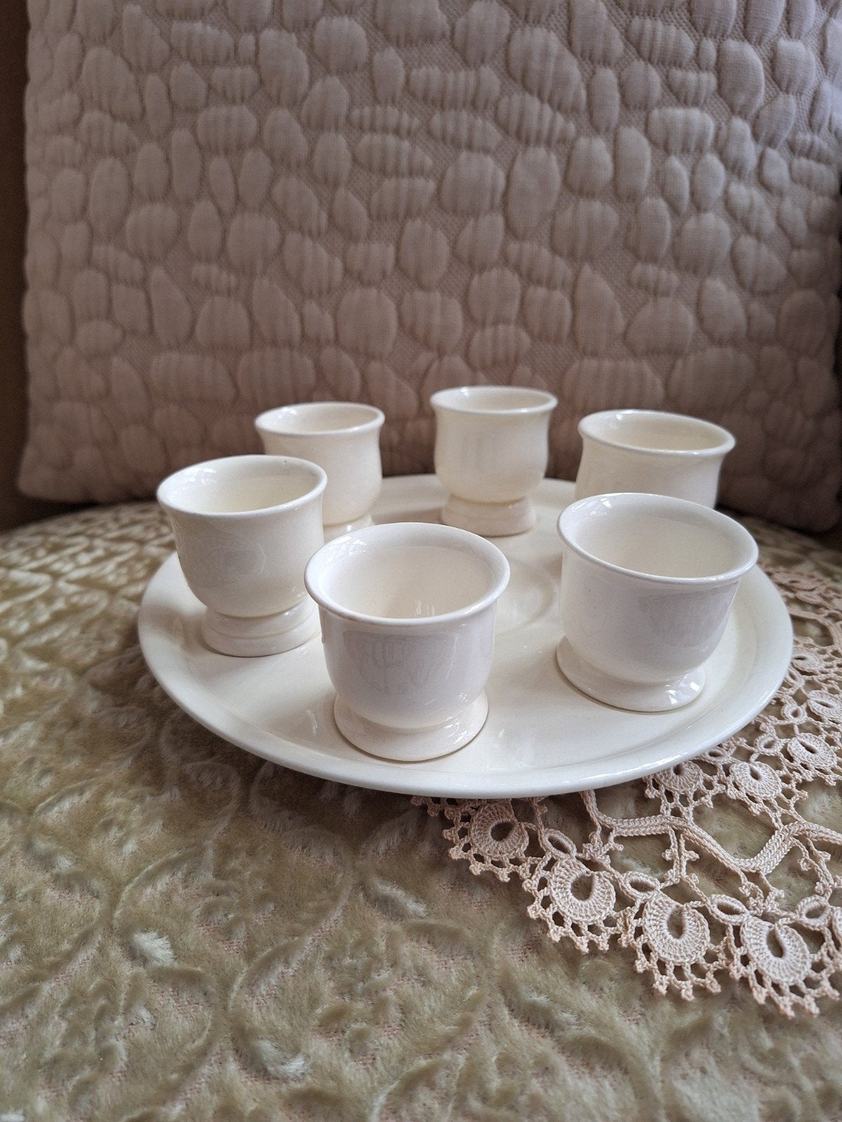 Vintage Schaal & 6 Eierdopjes Society Ceramique ** Mimosa **, Ophalen of Verzenden