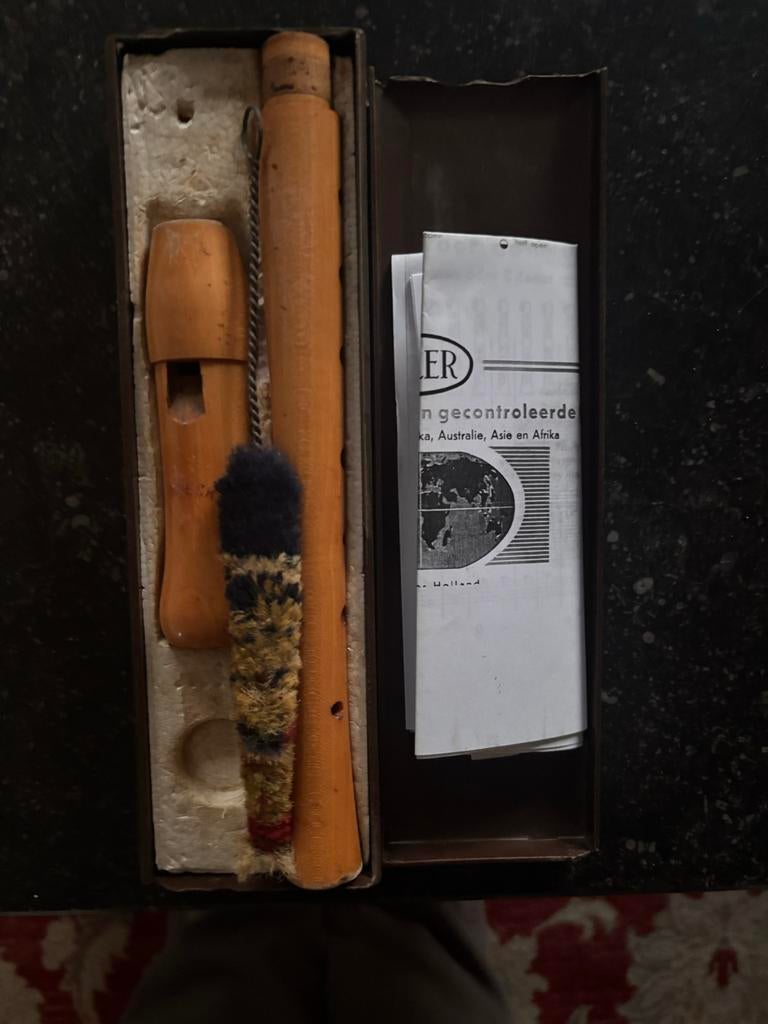 Houten blokfluit met schoonmaakborstel en doos, Ophalen, Gebruikt, Sopraan of Sopranino, Met koffer, hoes of etui