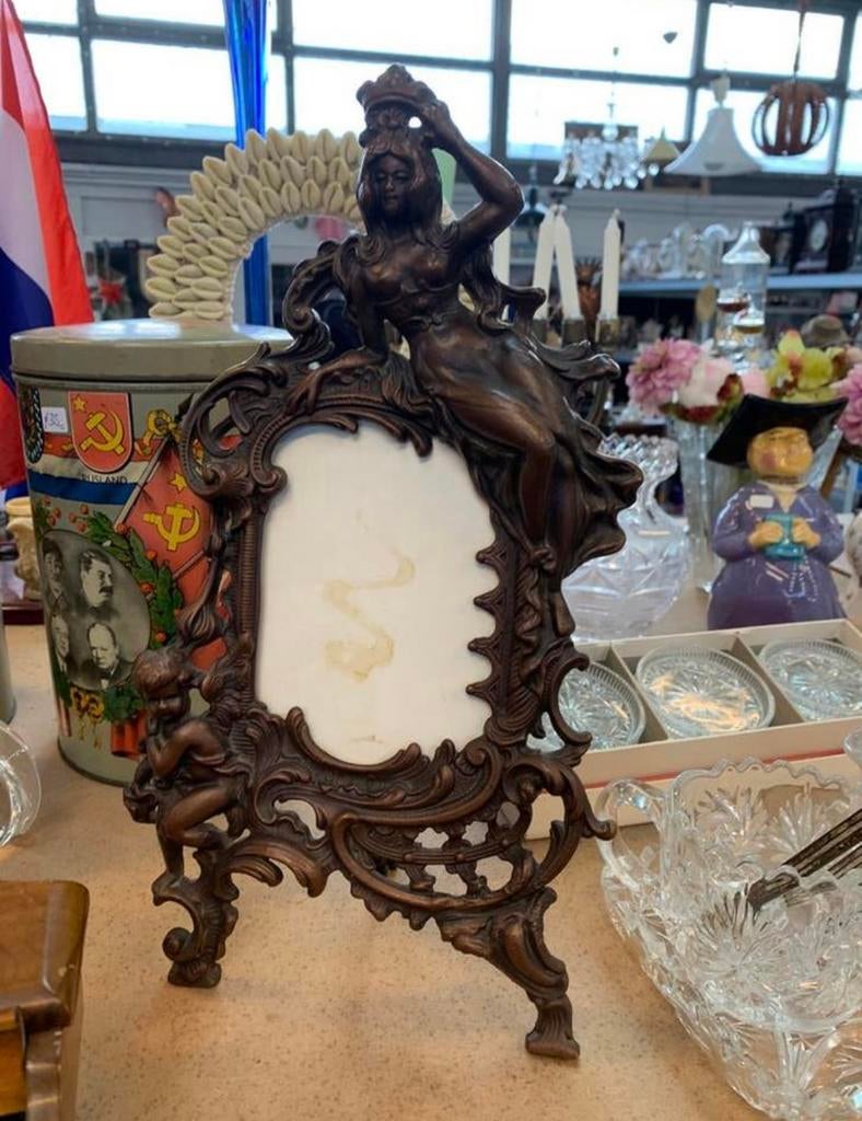 antiek jugendstil bronzen fotolijstje afbeelding vrouw engel, Ophalen of Verzenden