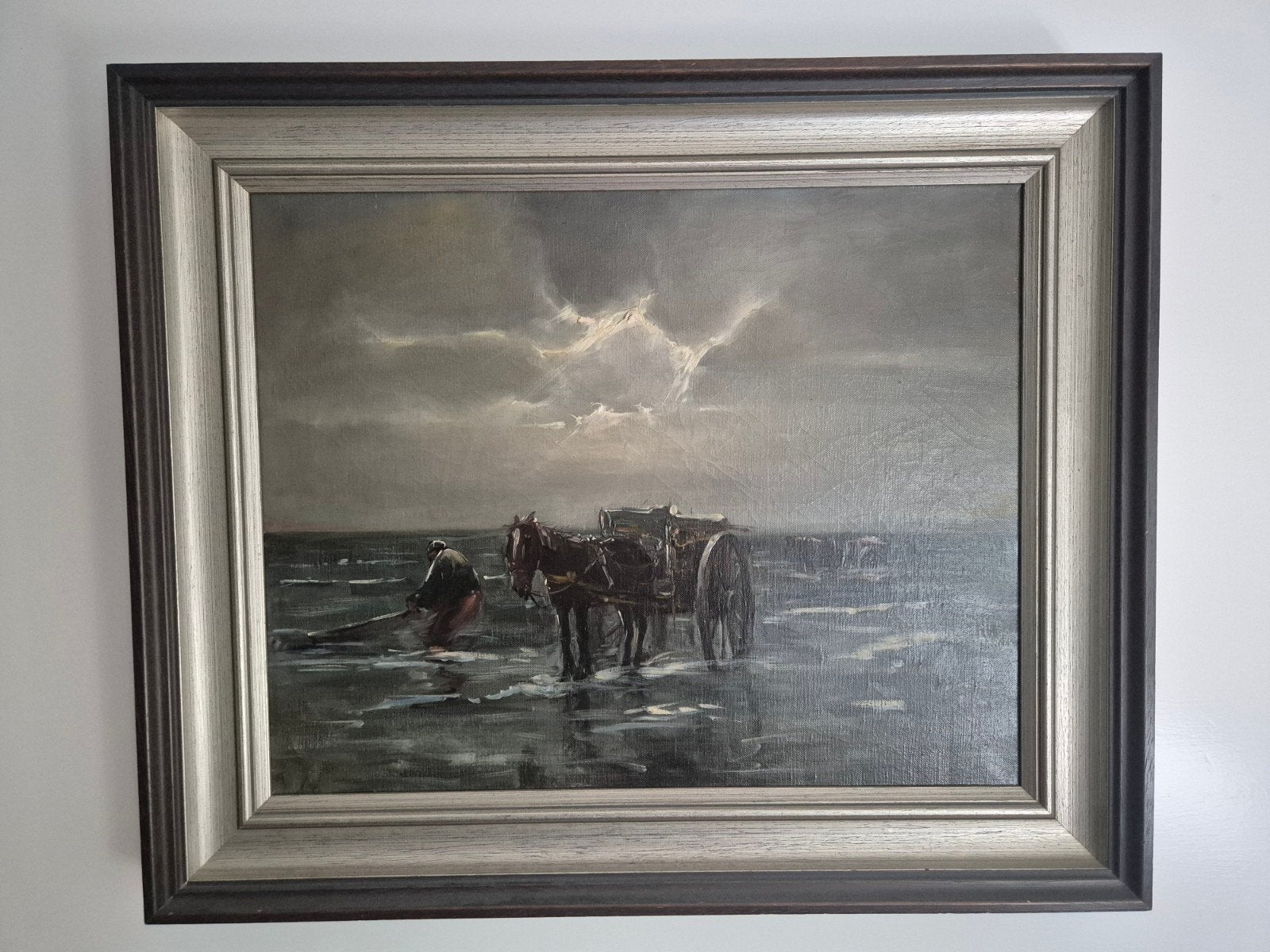 Olieverfschilderij van schelpenvisser met paard, Antiek en Kunst, Kunst | Schilderijen | Klassiek, Ophalen, Klassiek, Ingelijst