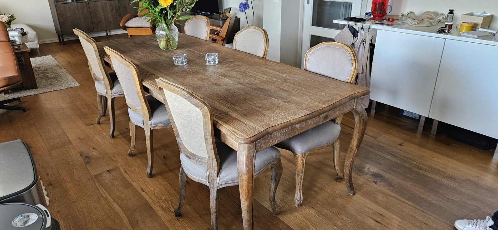 houten eettafel incl 8 stoelen, Ophalen, Gebruikt, 200 cm of meer, 50 tot 100 cm