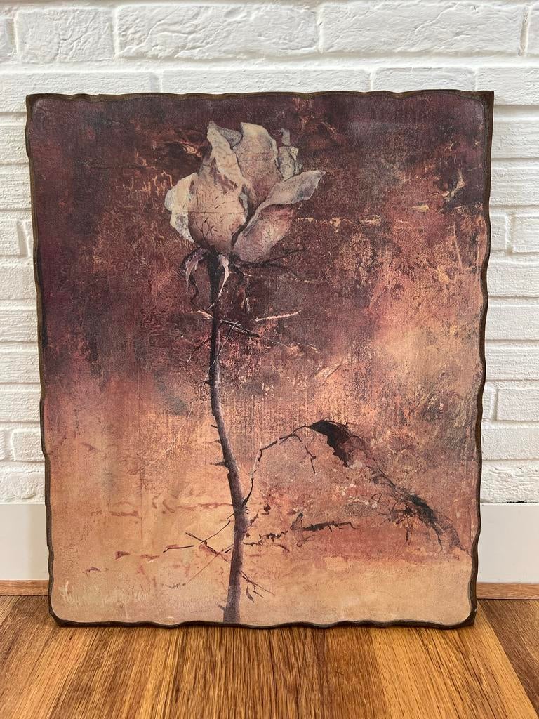 Vintage roos schilderij op houten paneel - GESIGNEERD, Ophalen