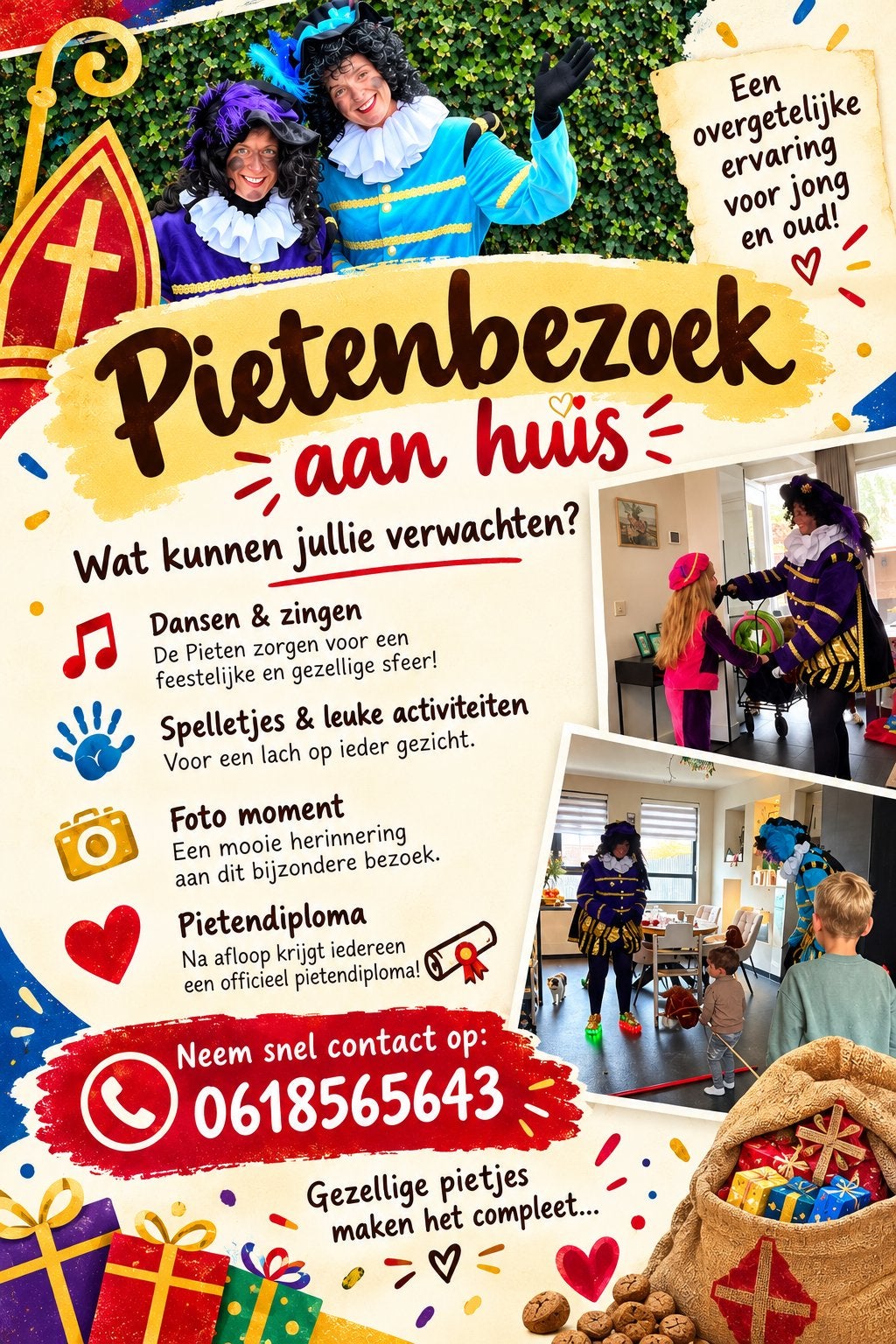 Pieten aan huis voor gezellig bezoek!, Ophalen of Verzenden, Nieuw, Feestartikel, Kerst of Sinterklaas