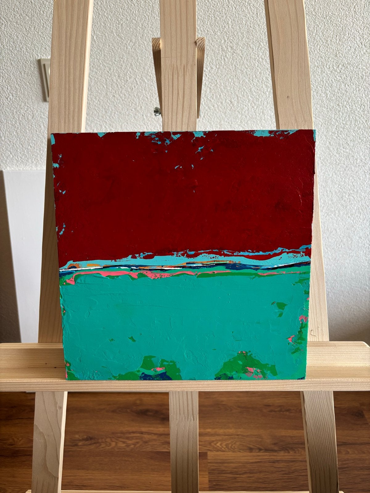 Abstract Schilderij: Rood en Turkoois Landschap, Antiek en Kunst, Ophalen of Verzenden