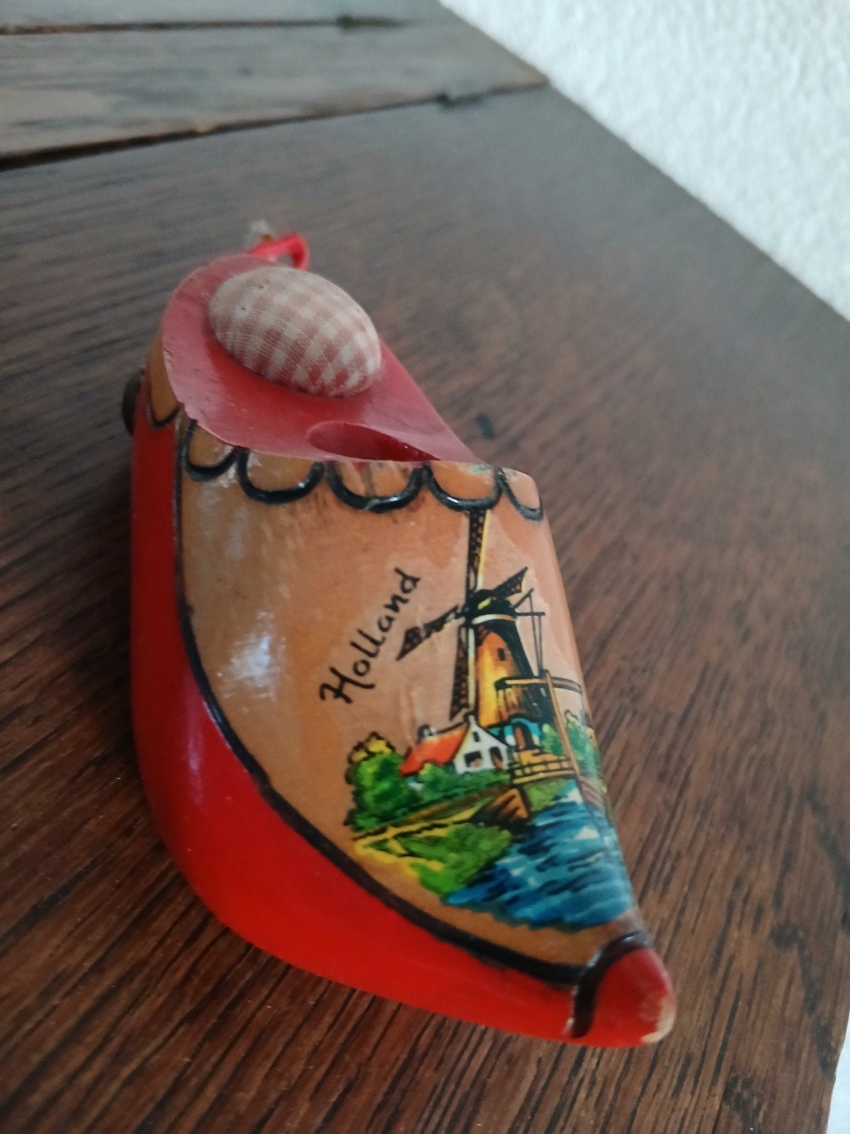 Speldenkussen vintage houten klompje met afbeelding Molen Ho, Ophalen of Verzenden