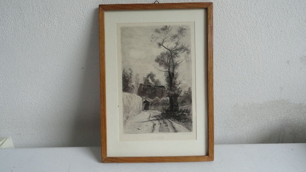 Jan van Essen ets: In Laren ca.1883 | Rijksmuseum, 28 cm, Ingelijst, 1800 - 1899, Ets
