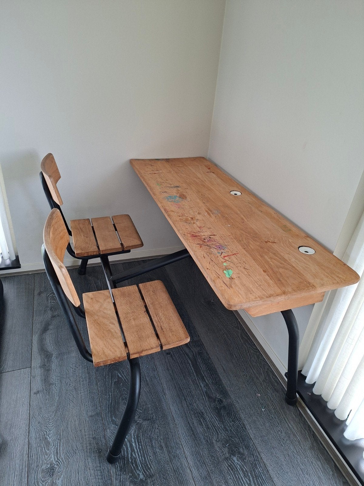 Vintage schoolbank met twee stoelen, Ophalen