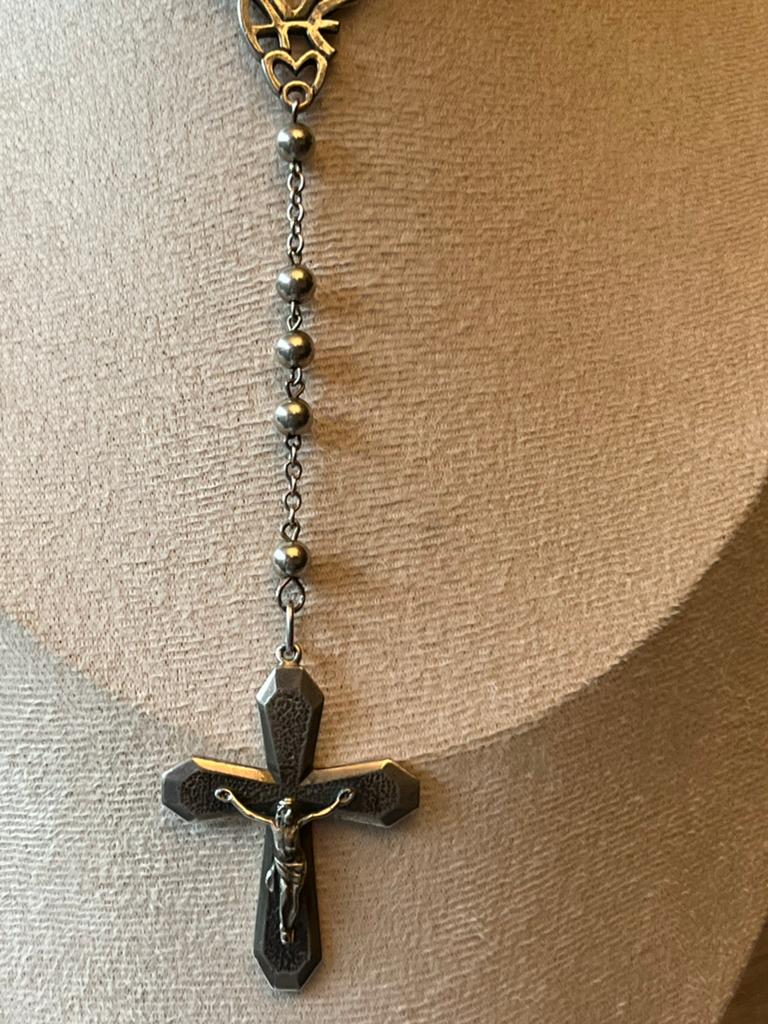 Vintage zilveren Rozenkrans met Kruis, Verzenden, Zo goed als nieuw, Zilver, Met hanger