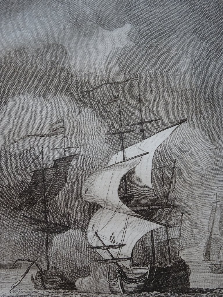 gravure Zeeuws kaperschip door Engels Fregat gebombardeerd, Verzenden, Militair, Gravure, Origineel
