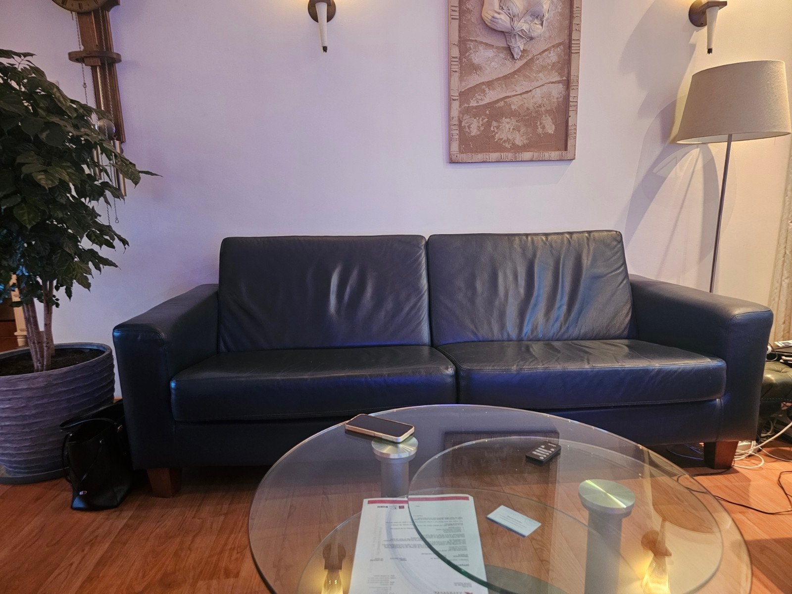 Comfortabel vijfpersoons bankstel - Donkerblauw leer, Huis en Inrichting, Gebruikt, 150 tot 200 cm, Tweepersoons, Ophalen of Verzenden