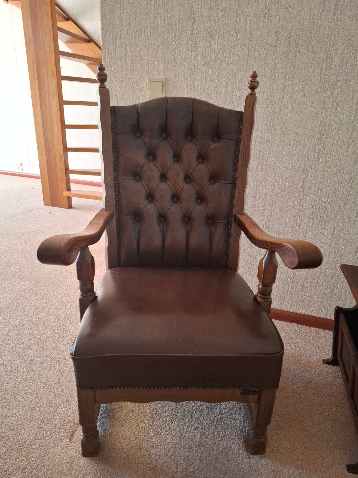 houten fauteuil / stoel met leren bekleding, Ophalen, Gebruikt, Bruin, Eén