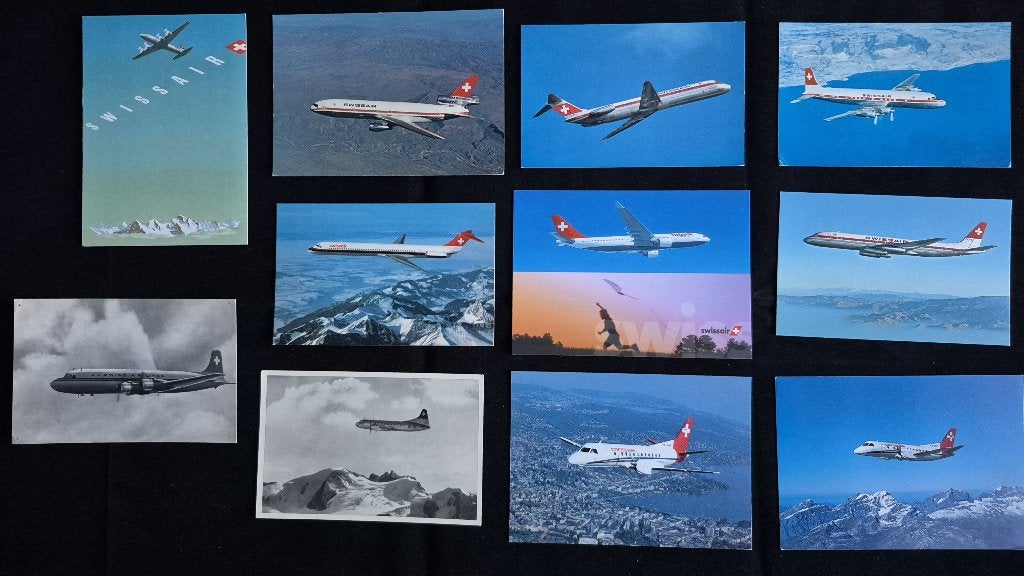 11 ansichtkaarten van Swissair (A264), Verzamelen, Ophalen of Verzenden, Gebruikt, Kaart, Foto of Prent