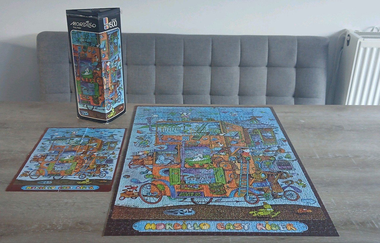 1981 HEYE Mordillo Easy Rider 1500 stukjes puzzle + poster, Ophalen of Verzenden, 500 t/m 1500 stukjes, Gebruikt, Legpuzzel
