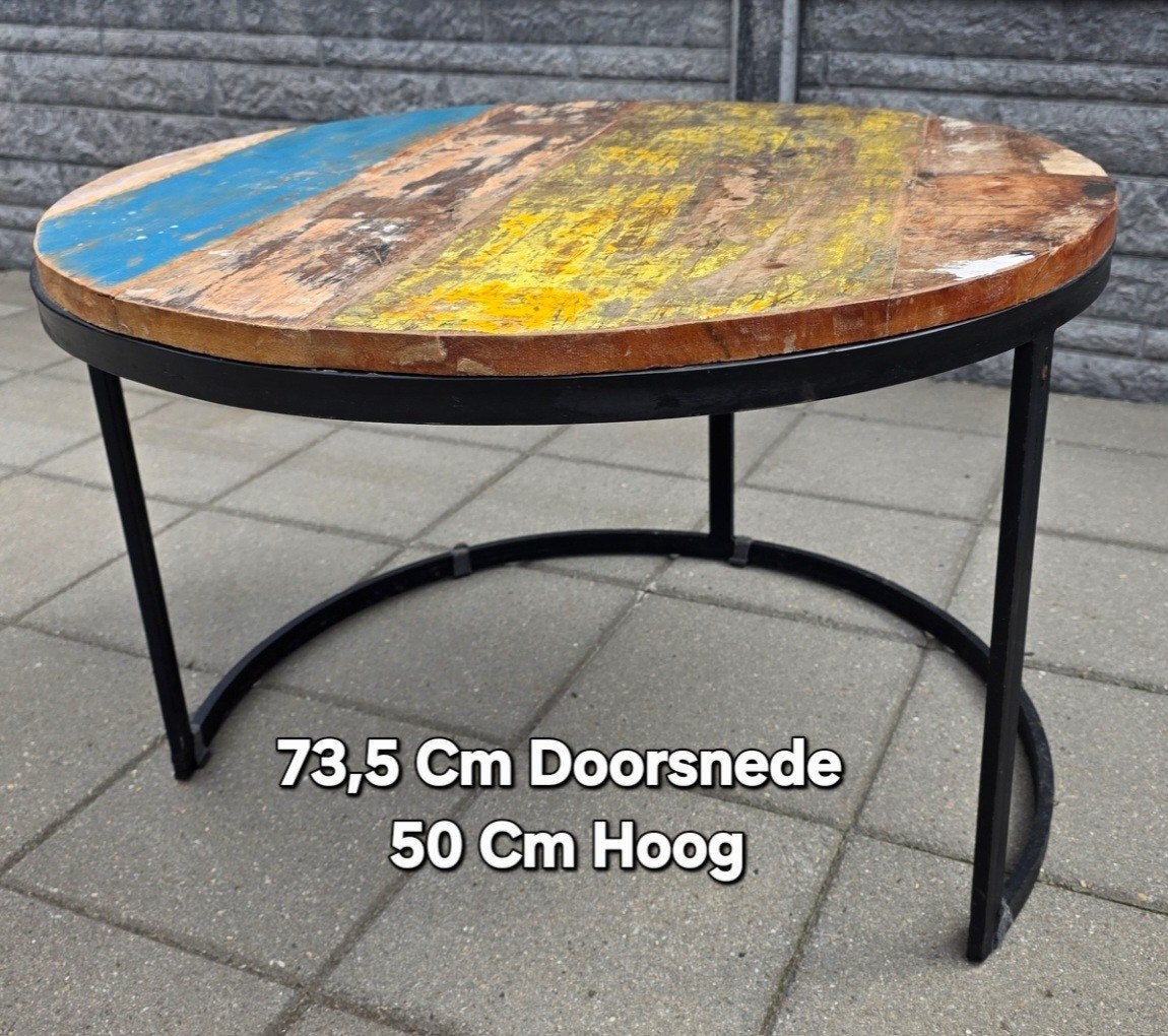 Salontafel/Bijzettafel gerecycled hout industrieel design, Ophalen, Gebruikt, 50 tot 100 cm, Rond