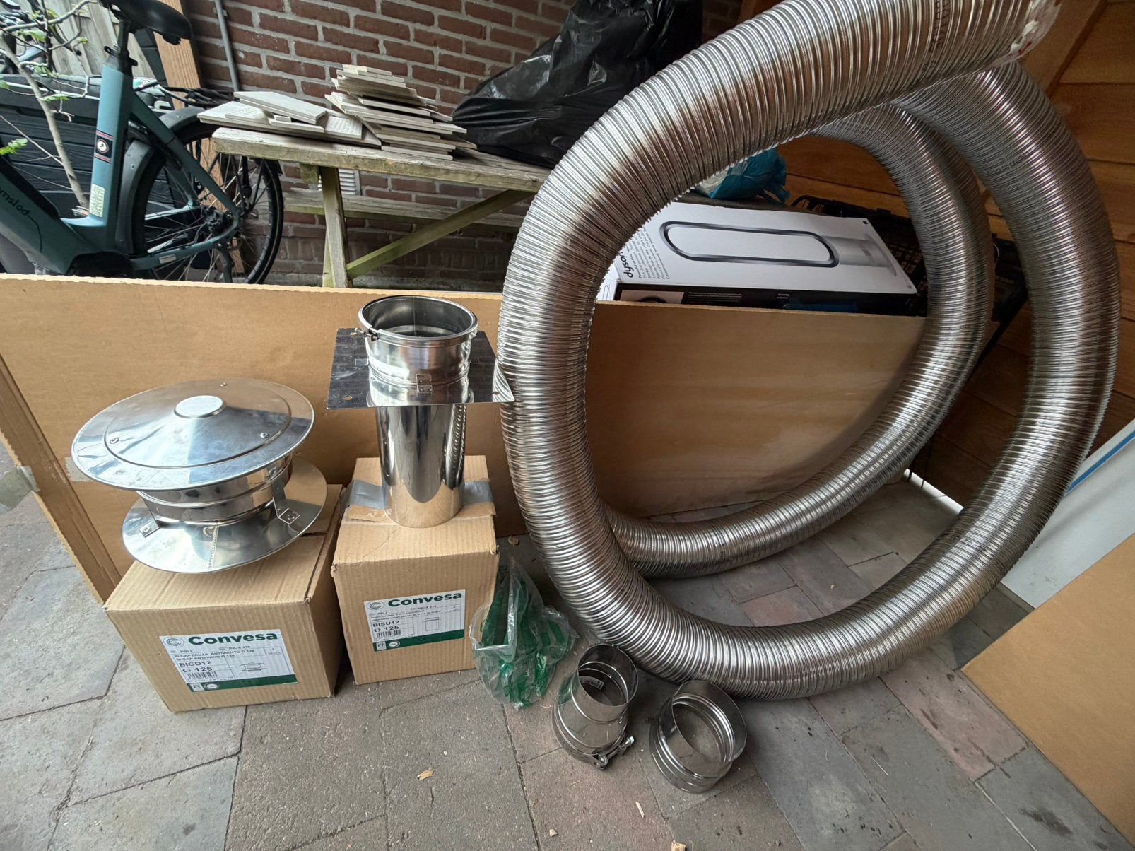 Convesa RVS rookkanaal Ø125 + ca 7 meter dubbelwand flexibel, Ophalen, 6 meter of meer, Overige typen, Zo goed als nieuw
