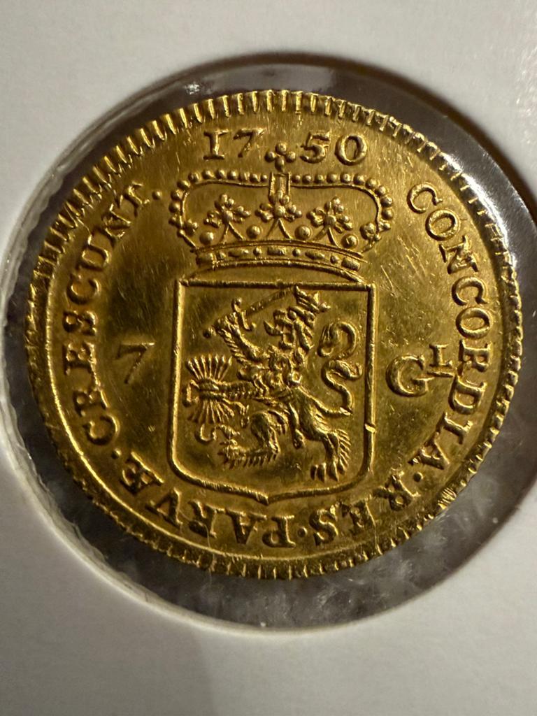 Zeldzame halve gouden rijder 7 gulden 1750/40 overslag unc, Vóór koninkrijk, Losse munt, Goud, Overige waardes