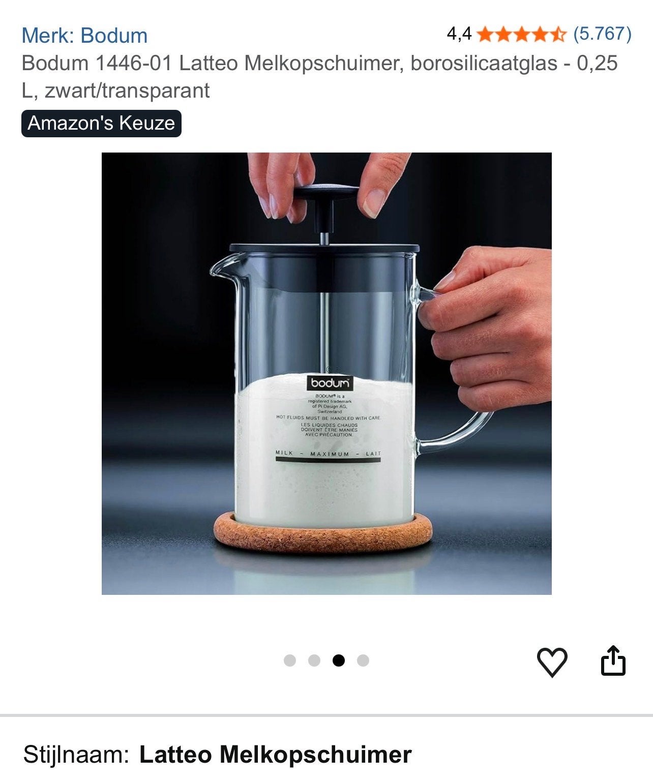 Bodum Latteo Melkopschuimer - Borosilicaatglas - 0,25 L, Ophalen of Verzenden, Zo goed als nieuw, Handmatige melkopschuimer