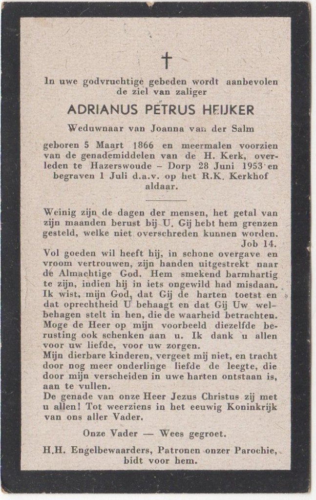 Adrianus P. Heijker 1866 + 1953 Hazerswoude, 87 jaar oud, Verzenden