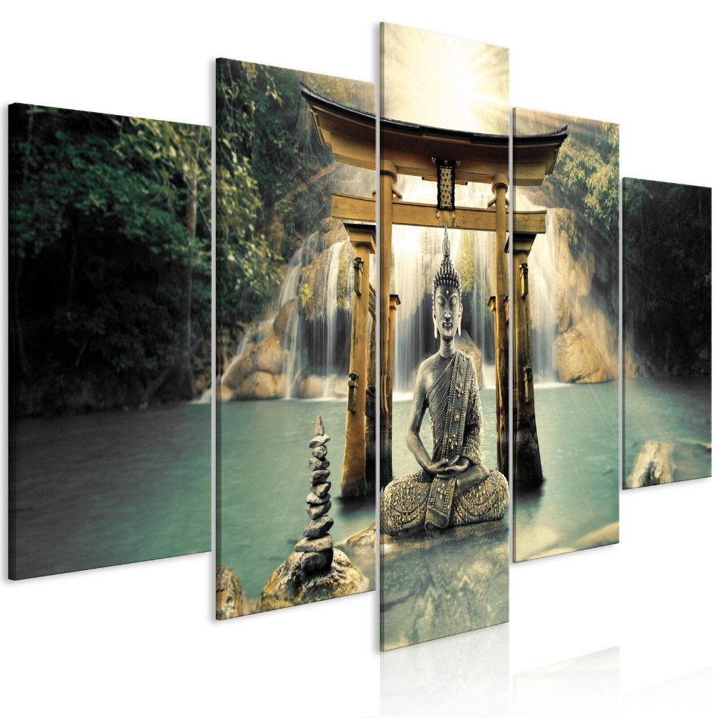 940 Buddha Boedha 5 Luik Canvas Schilderij 200x100cm Nieuw, Nieuw, 125 cm of meer, Ophalen of Verzenden, Schilderij