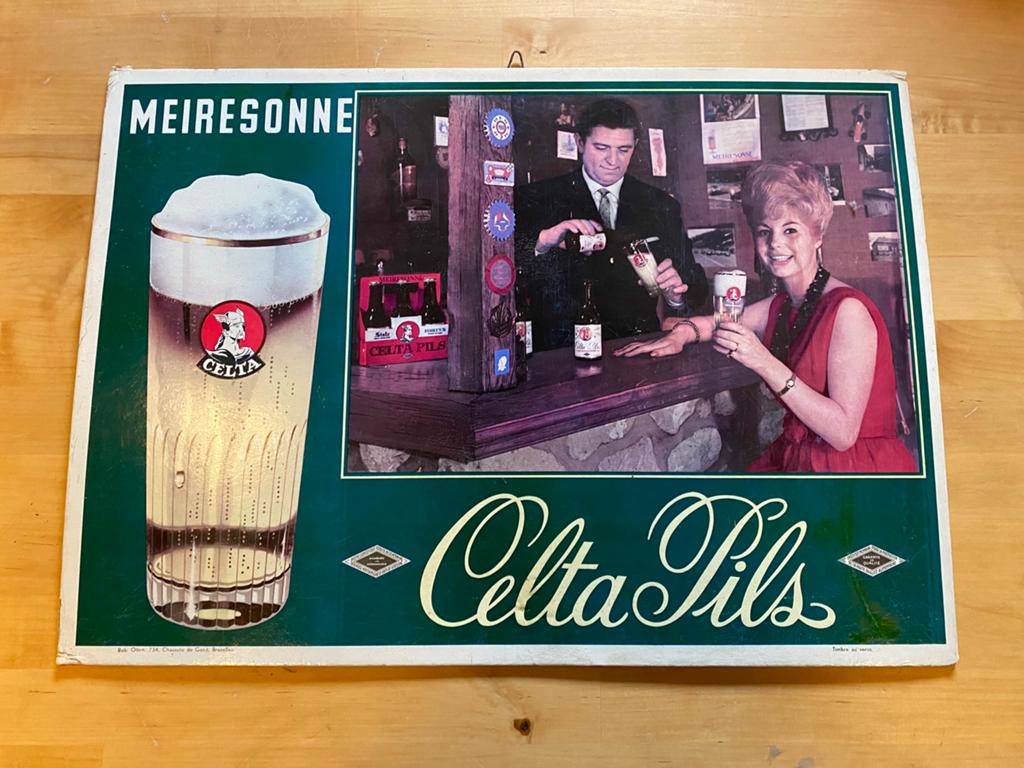 Meiresonne Celta Pils reclamebord karton, Verzamelen, Biermerken, Ophalen of Verzenden, Zo goed als nieuw, Reclamebord, Plaat of Schild