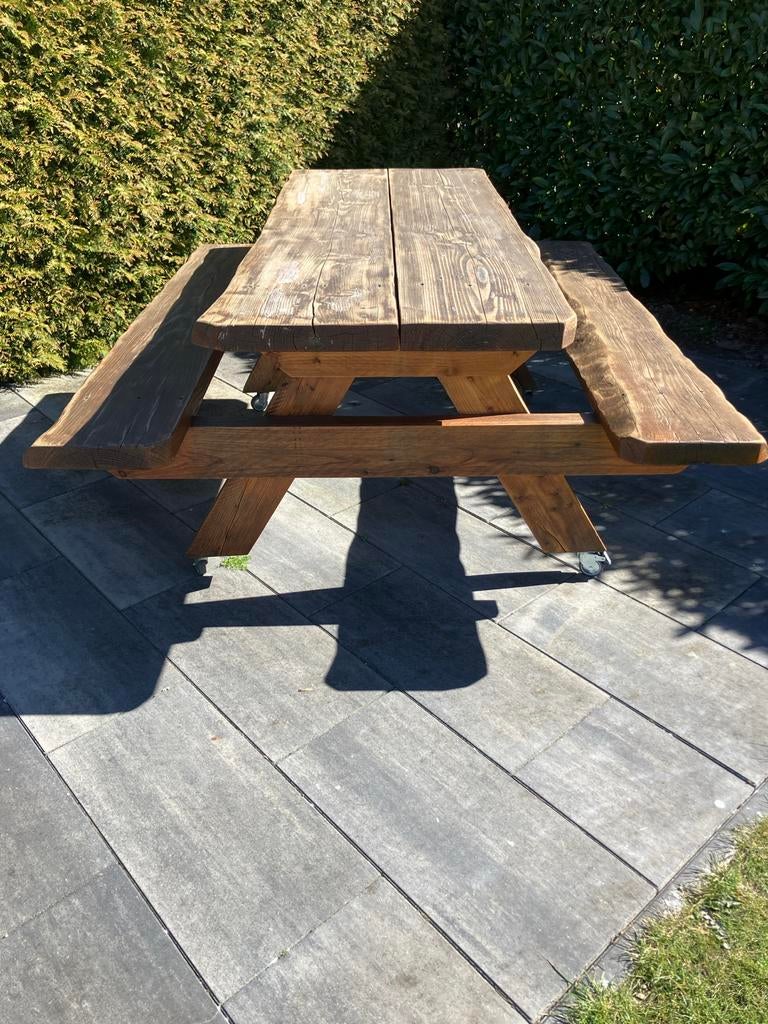 Robuuste Douglass picknicktafel 2m met zitbanken en wielen, Ophalen of Verzenden, Gebruikt, Rechthoekig, Hout