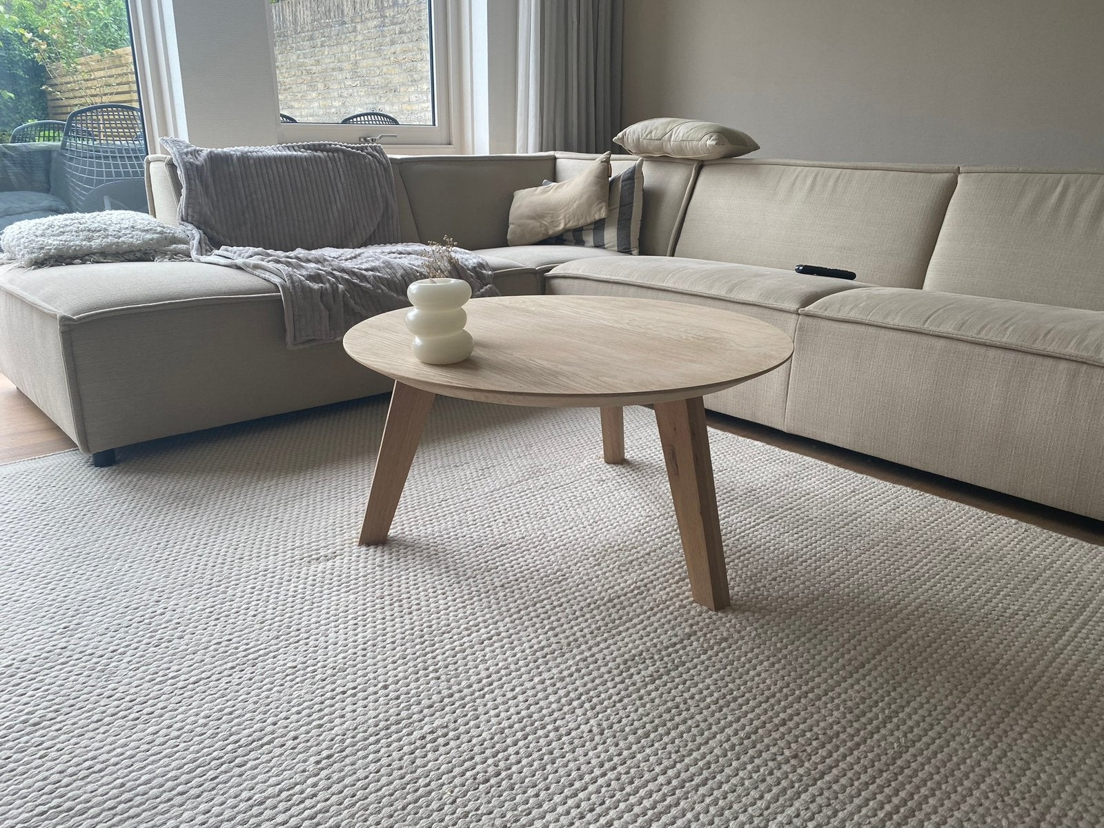 Nieuw massief eiken ronde salontafel, modern, industrieel, Huis en Inrichting, Ophalen, 50 tot 100 cm, Nieuw, modern, organisch eiken