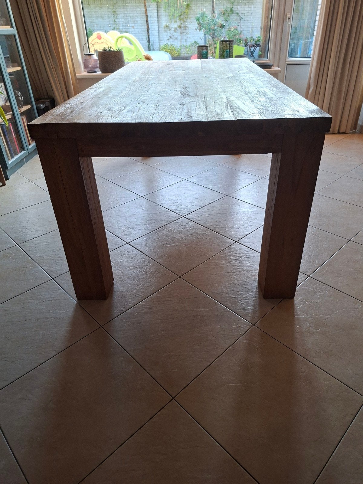 teak houten tafel met eventueel stoelen, Ophalen, Gebruikt, Teakhout, 200 cm of meer