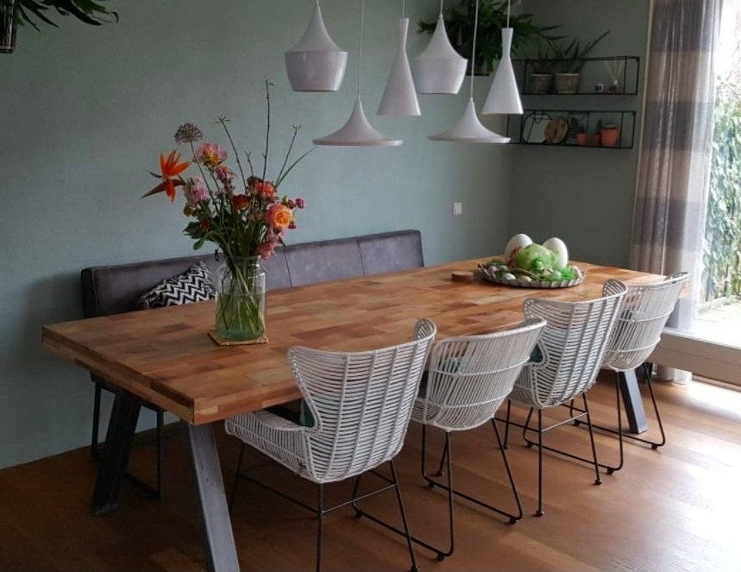 Eettafel hout met metalen poten (Eleonora Mees) 300 x 100 cm, Gebruikt, 200 cm of meer, 50 tot 100 cm, Vijf personen of meer