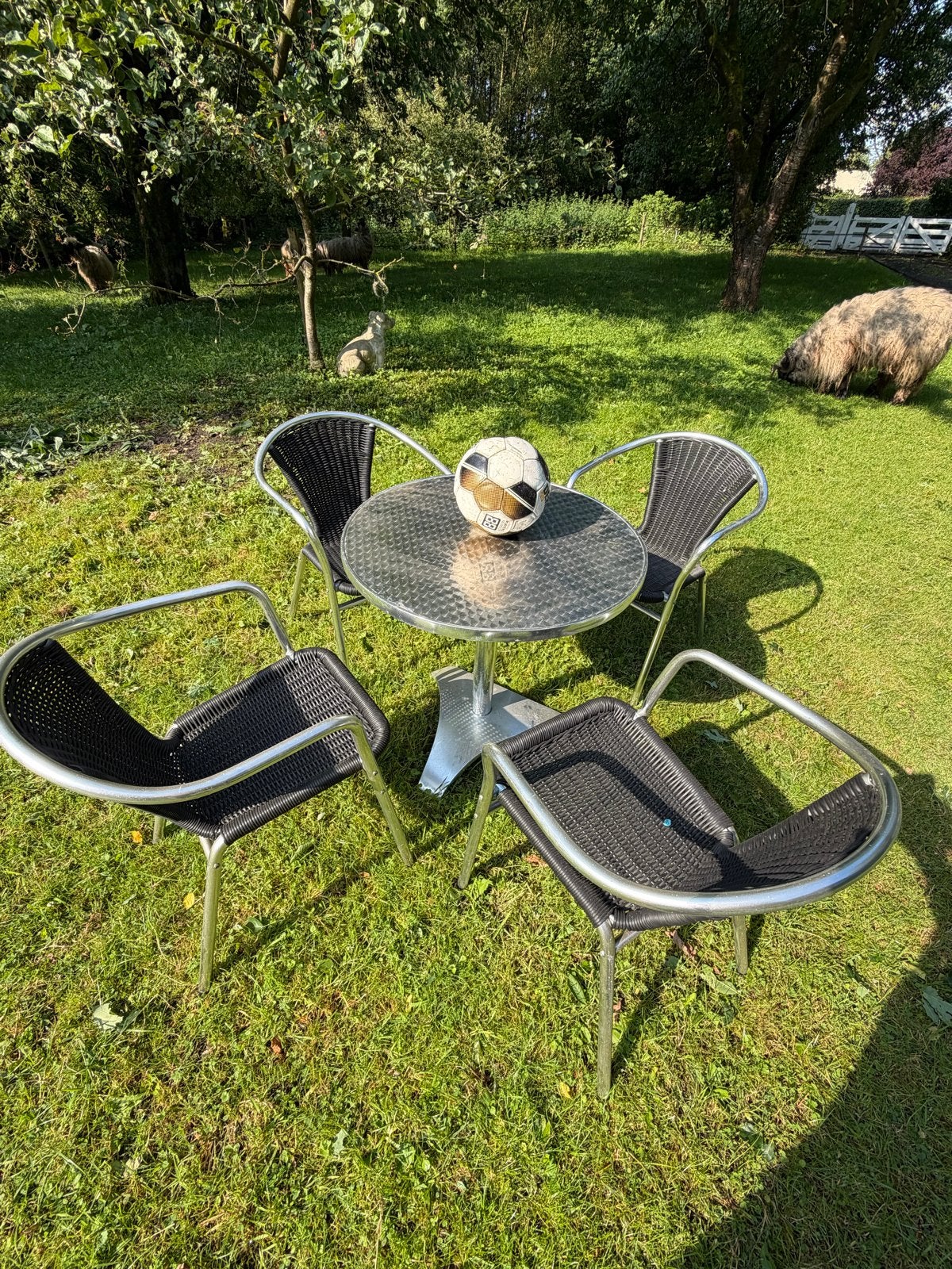 Terrasset: Aluminium tafel met 4 kunststof wicker stoelen, Tuin en Terras, Ophalen, 4 zitplaatsen, Gebruikt, Eettafel