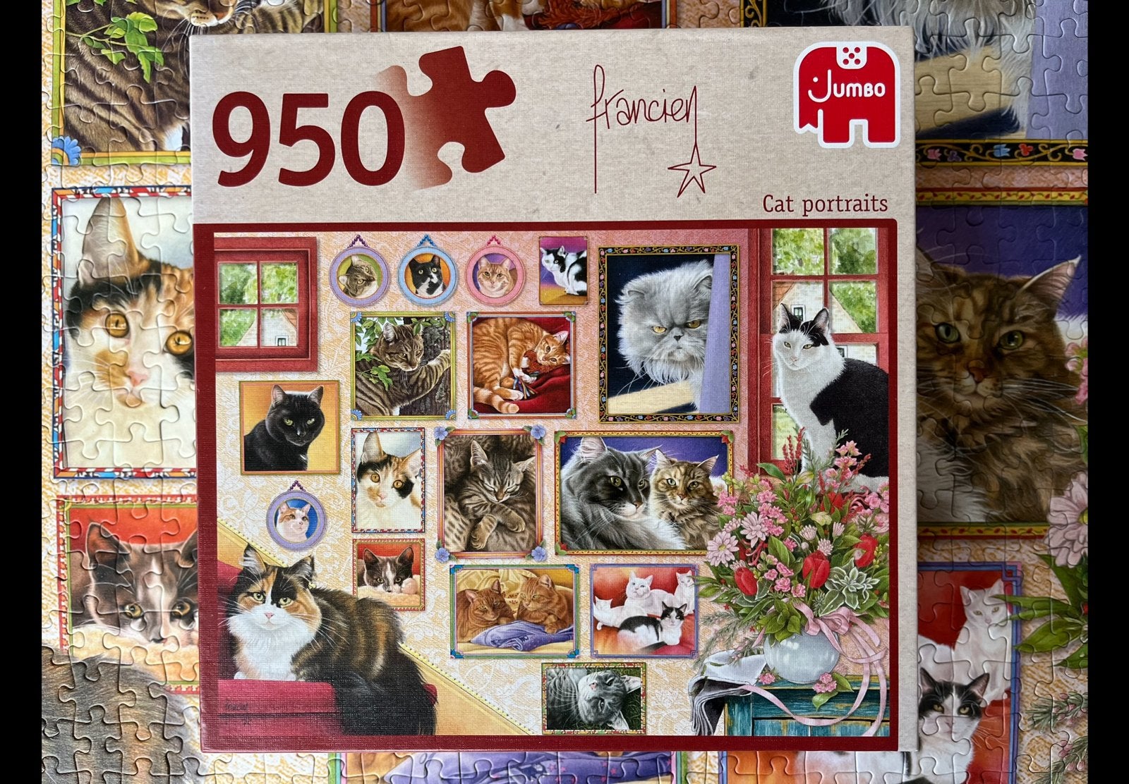 Jumbo Puzzel Cat Portraits 950 stukjes, compleet, Ophalen of Verzenden, 500 t/m 1500 stukjes, Zo goed als nieuw