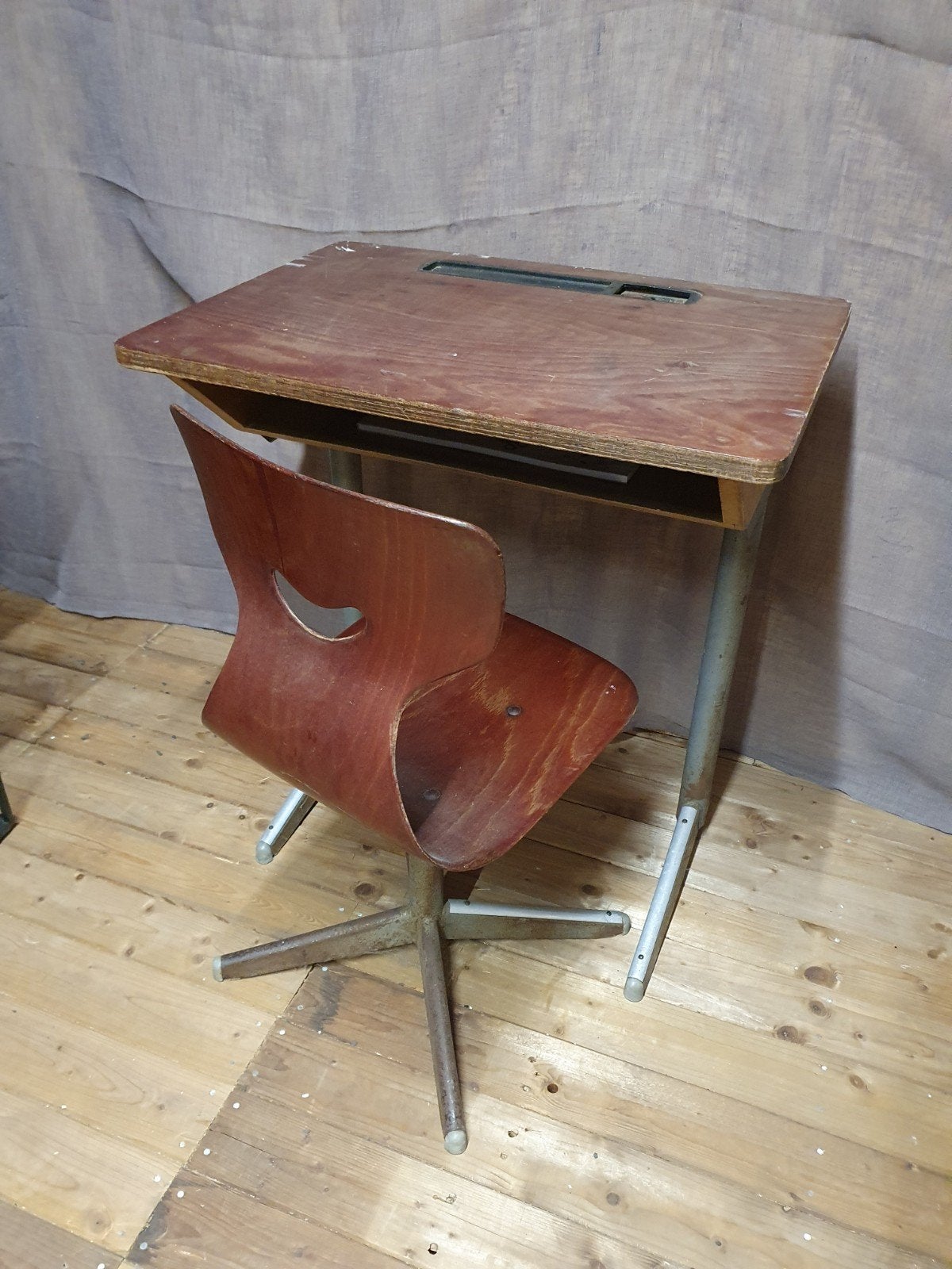 Vintage schoolbank met stoel - Jaren '60, Antiek en Kunst, Ophalen
