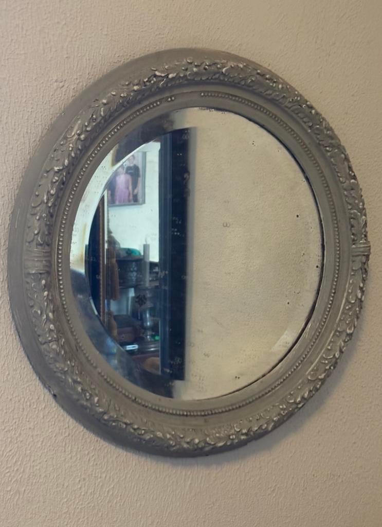 Antieke ronde robuuste  spiegel met geslepen glas, Ophalen of Verzenden