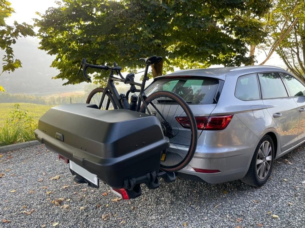 Thule EasyFold fietsendrager (3 fietsen) + bagagebox, Ophalen, 3 fietsen of meer, Elektrische fiets, Zo goed als nieuw