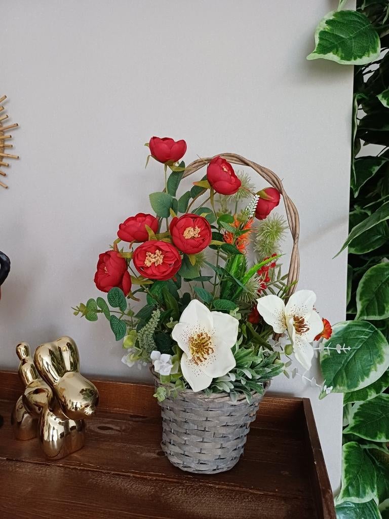 Zijden bloemstuk in mand - Elegant en kleurrijk, Huis en Inrichting, Ophalen of Verzenden, Nieuw, Binnen
