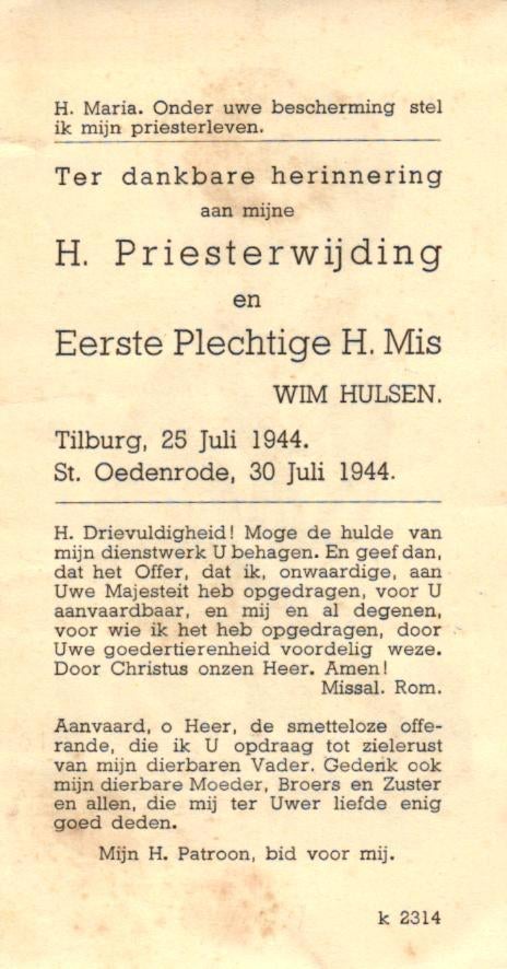 Hulsen Wim Tilburg 1944 St. Oedenrode, Ophalen of Verzenden
