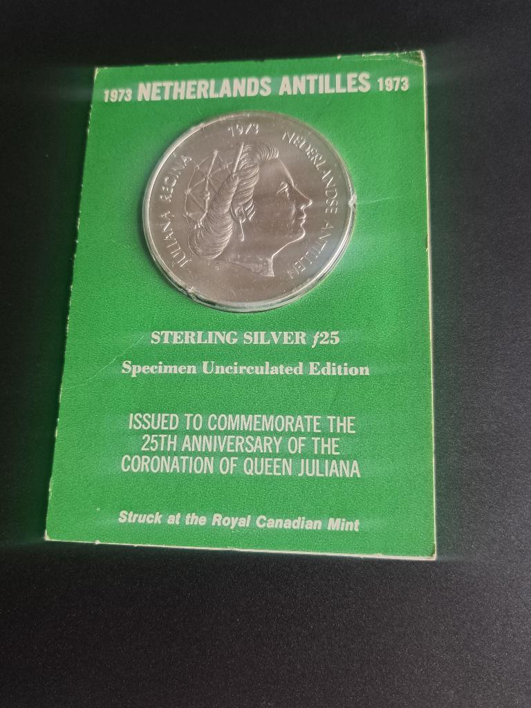 1973 Nederlandse Antillen 25 gulden in zilver Juliana kaart, Verzenden, Midden-Amerika, Losse munt, Zilver