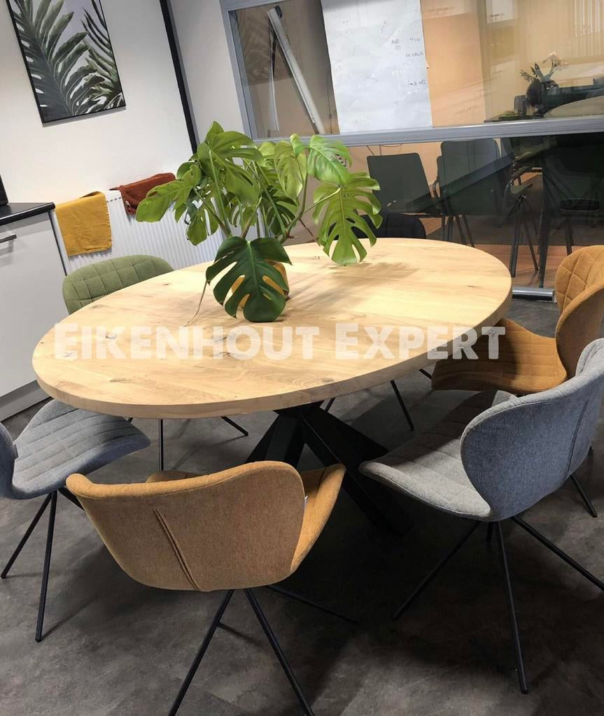Ronde Ovale Eiken Tafel Eettafel Boomstamtafel Massief Eiken, Nieuw, Rond, Eikenhout, Stalen poot