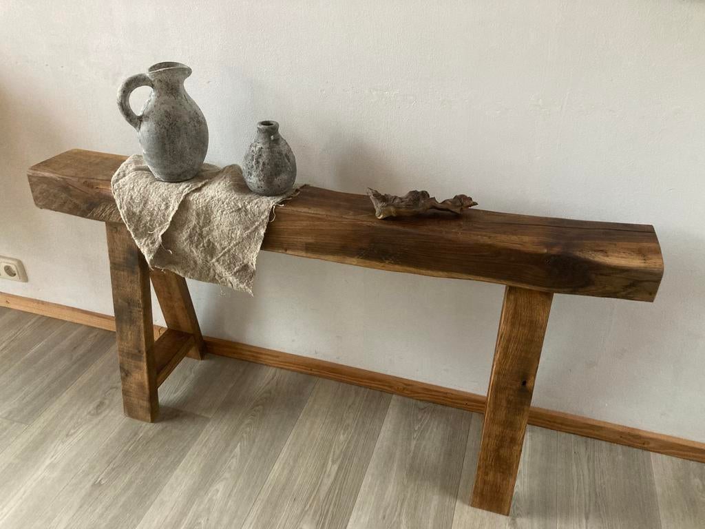 Oer-oud EIKEN gebint wordt bankje - 120 cm, Huis en Inrichting, Tafels | Sidetables, Nieuw, Minder dan 25 cm, 100 tot 150 cm, Rechthoekig