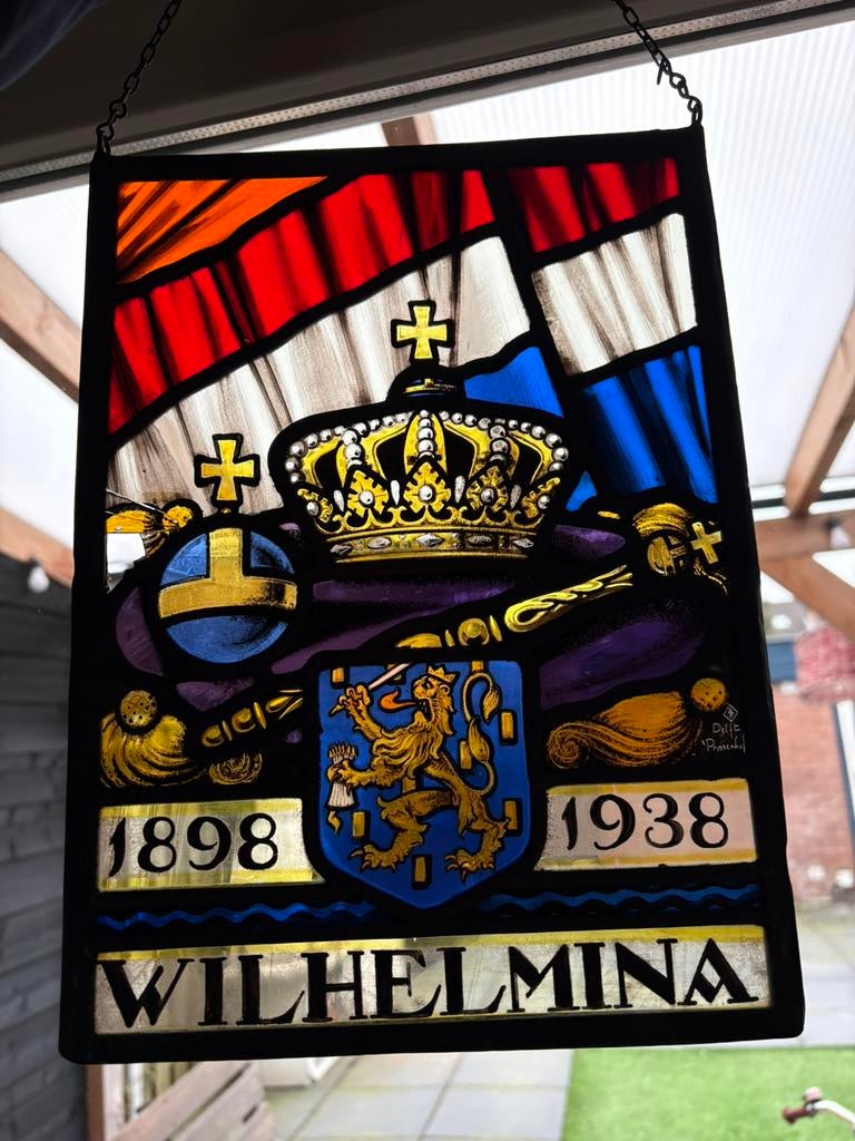Schitterende groot glas in lood hanger Wilhelmina, Ophalen of Verzenden
