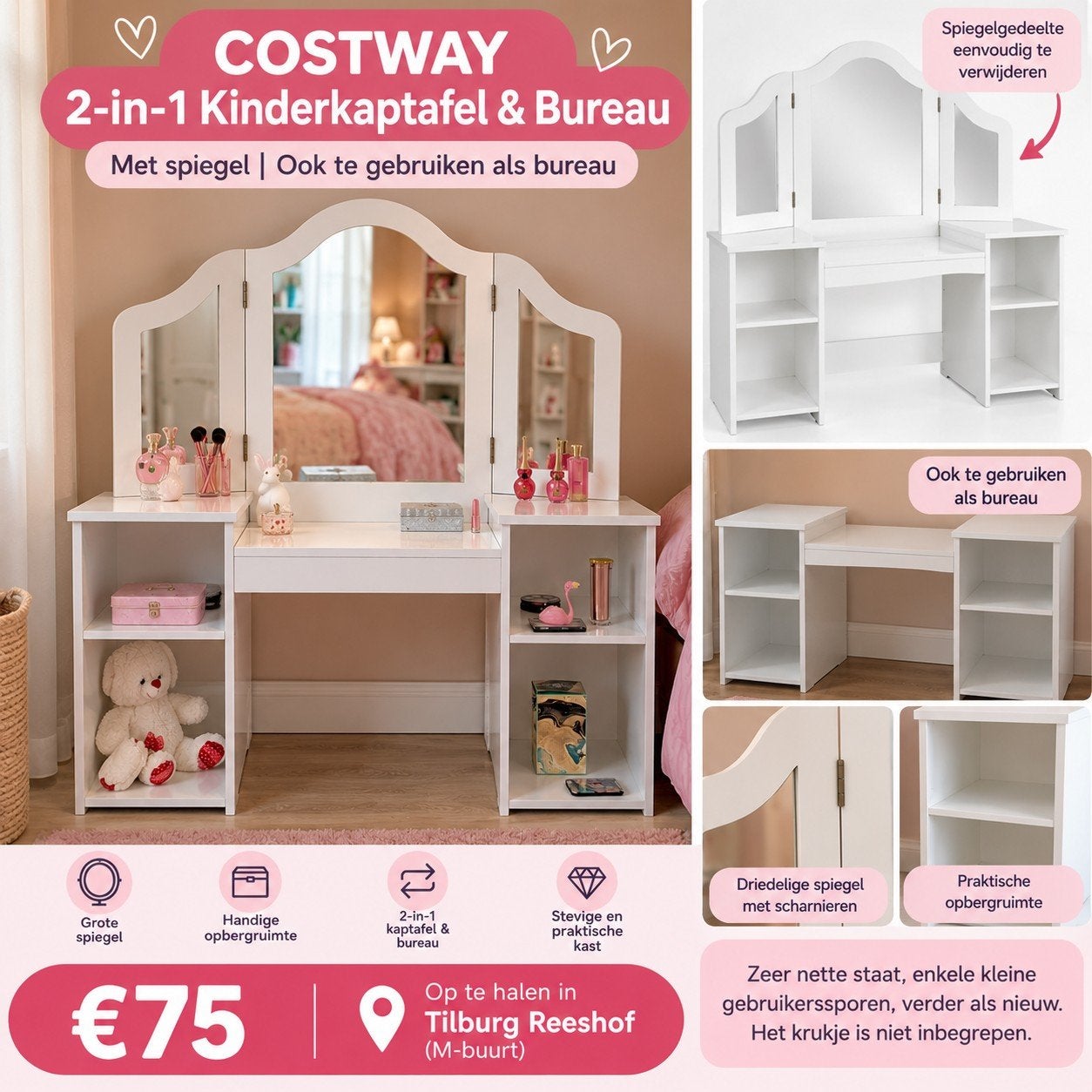 COSTWAY 2-in-1 Kinderkaptafel & Bureau, Ophalen, 100 tot 150 cm, 100 tot 150 cm, Zo goed als nieuw