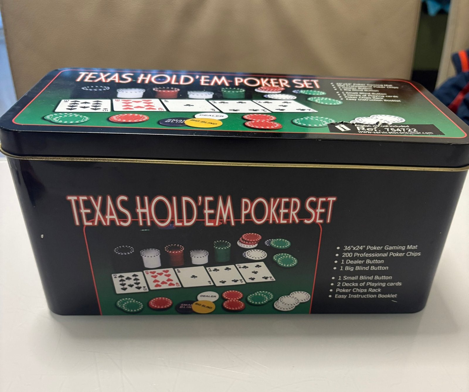 Texas Hold'em Poker Set in blikken doos, Drie of vier spelers, Ophalen, Gebruikt