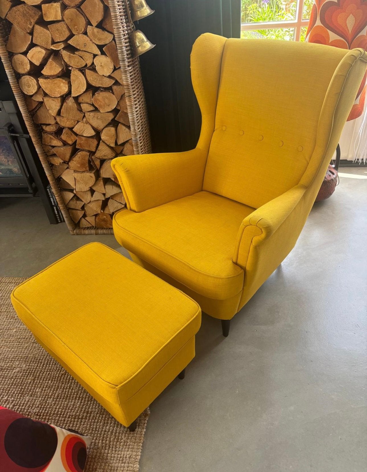 Strandmon relax fauteuil en hocker, van Ikea  In prima staat, Huis en Inrichting, Fauteuils, Ophalen, Zo goed als nieuw, 75 tot 100 cm