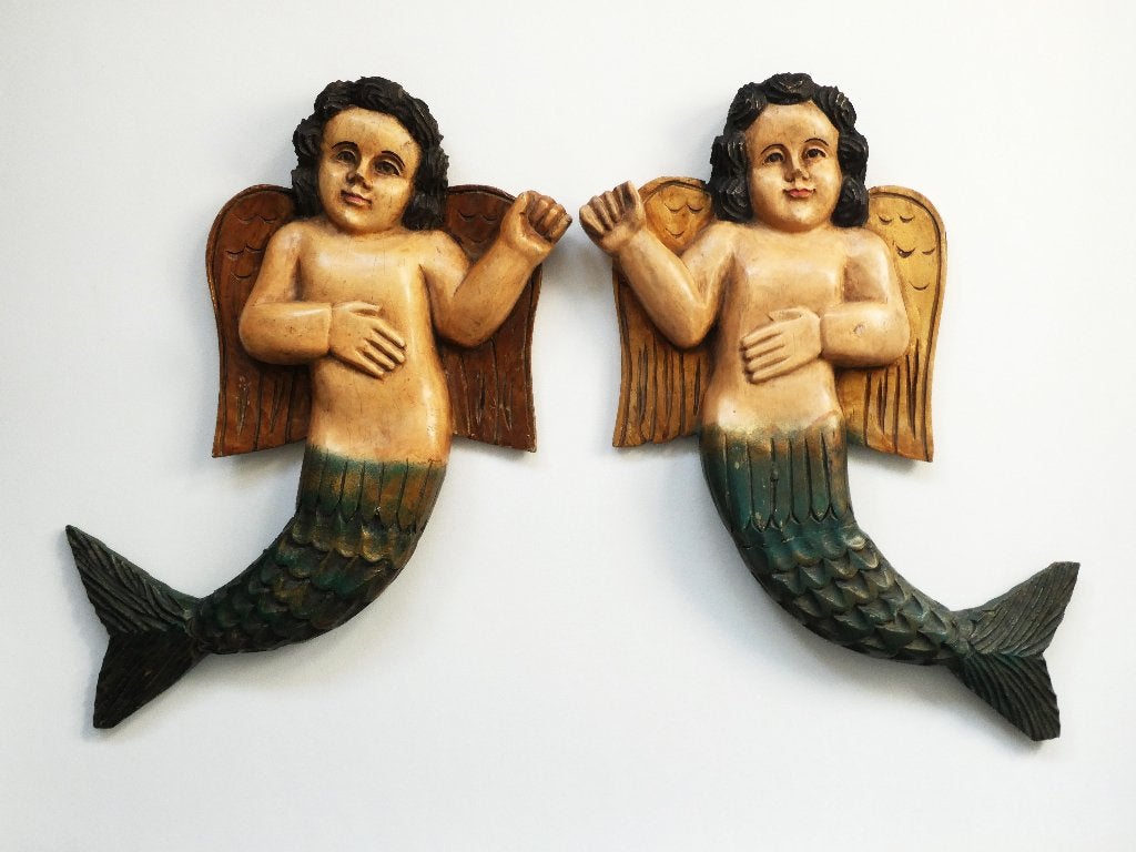 Set van 2 wanddecoraties mythologisch engel zeemeerman, Antiek en Kunst, Ophalen of Verzenden