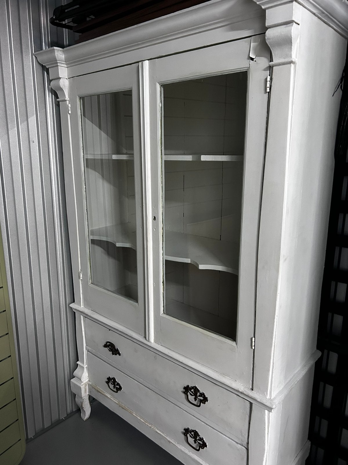 Oude brocante linnenkast / vitrinekast – glas, laden, beslag, Ophalen, 100 tot 150 cm, Met lade(s), 150 tot 200 cm